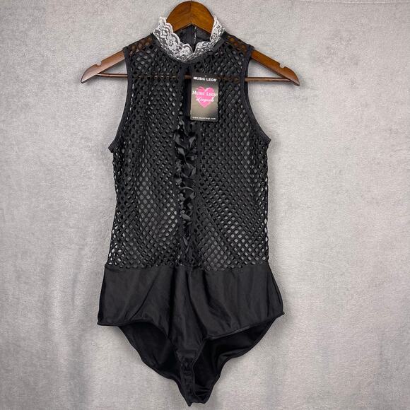 NWT Music Legs Lingerie Maid Costume Womens Plus OS Sexy Fishnet Black Halter - Picture 4 of 11